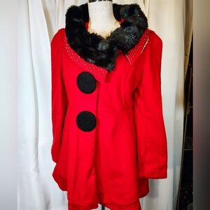 Peacoat, Women, Red, Snap Closure, Satin Lined, Black Faux, Collar, Black Faux,S